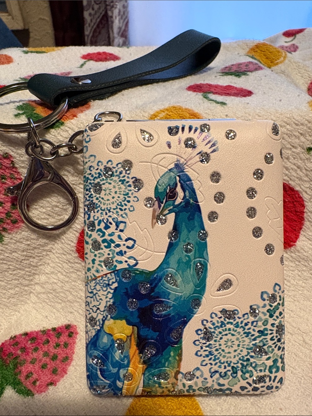 Peacock Mirror Keychain Charm in Cream, Blue and Green